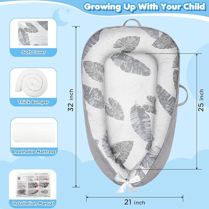 Baby Lounger - Baby Lounger for Newborn 0-24 Months, Breathable and Soft Cotton Cover Baby Nest, Portable Cozy Tummy Time Lounger for Home and Travel, Ideal Baby Essentials & Shower Gifts-CubbioJoy