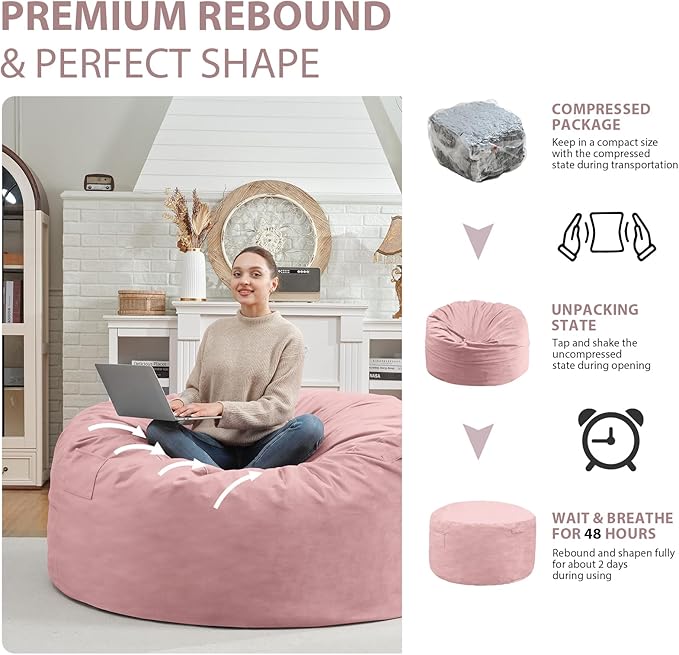 3FT Bean Bag Chair, Comfy Bean Bag Chairs with Memory Foam Filled, Fluffy Beanbag Sofa with Dutch Velvet Cover, Round BeanBag Chairs for Living Room, Playroom - Light Pink-CubbioJoy