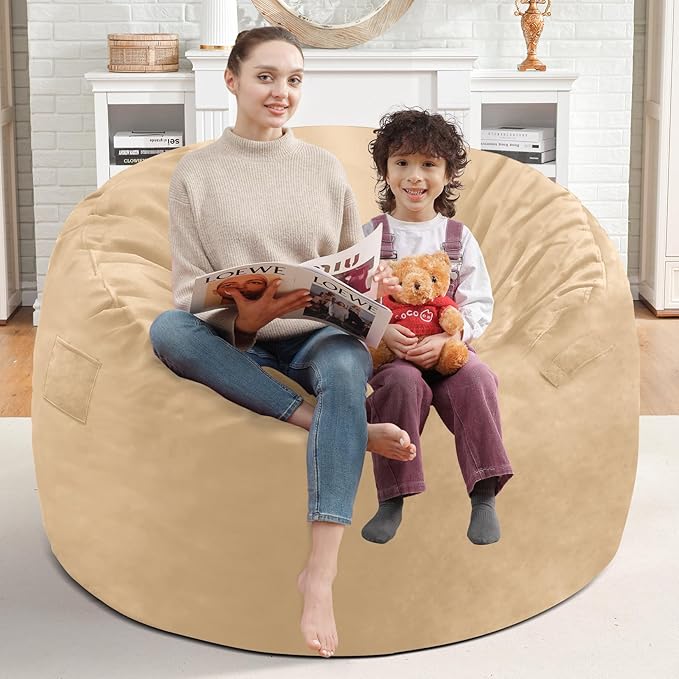 3FT Bean Bag Chair, Comfy Bean Bag Chairs with Memory Foam Filled, Fluffy Beanbag Sofa with Dutch Velvet Cover, Round BeanBag Chairs for Living Room, Playroom - Khaki-CubbioJoy