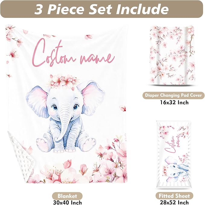Custom Name Crib Bedding Set - Elephant Theme, Personalized Pink Flower Pattern Nursery Bedding 3-Piece Set– Soft Blanket, Fitted Sheet, Changing Pad Cover – for Newborns Girls Nursery Gifts-CubbioJoy