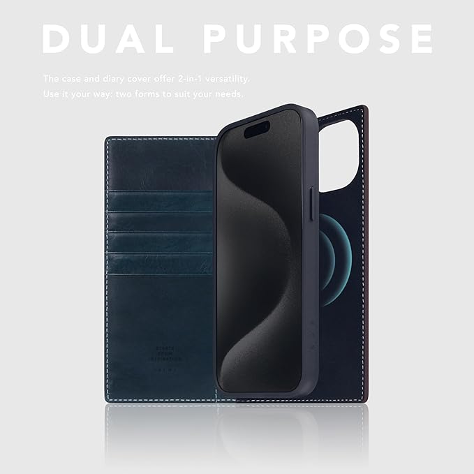 D7 Italian Wax Leather Wallet Case for iPhone 15 Plus - [2-in-1] Handcrafted Detachable Diary Style with Magnetic MagSafe Back Cover, Gift Box Included (Blue)-CubbioJoy