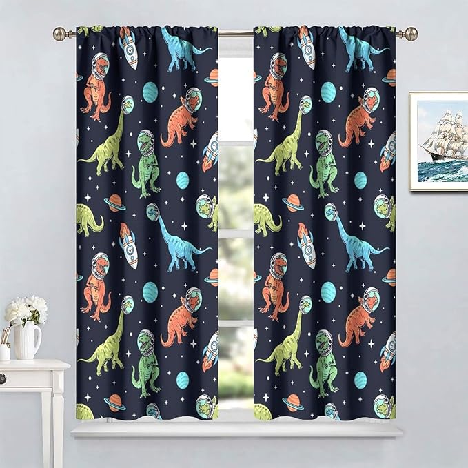 Cartoon Dinosaur Curtains for Kids Boys Girls Home Decor, Astronaut Rocket Funny Outer Space Blackout Rod Pocket Window Drapes for Bedroom Living Room W27.5xL63in 2 Panels-CubbioJoy