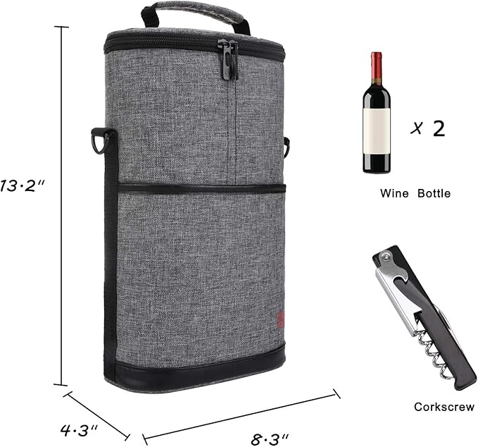 ALLCAMP 2 Bottle Wine Tote Carrier - Insulated Portable Padded Canvas Wine Bag for Travel, BYOB Restaurant, Wine Tasting, Party, Great Christmas Day Gift for Wine Lover，Gray-CubbioJoy