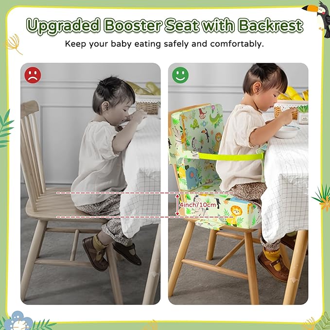 Booster Seat for Kitchen Chair with Backrest & 4 Adjustable Straps, Portable TPU Waterproof & Anti-Scratch Toddler Booster Seat for Dining Table, Removable & Non-Slip Booster SEat for Table-CubbioJoy