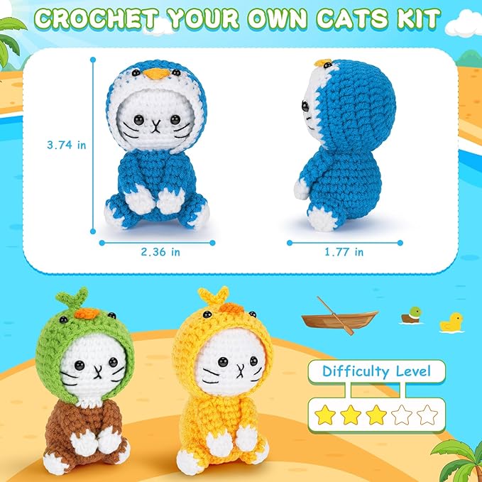 Crochet Kit for Beginners, 3 Pack Duck Cat Crochet Kits with Step-by-Step Video Tutorials, Beginner Crochet Kit for Adults Kid, Crochet Animal Kit for Starters, DIY Craft Gift for Cat Lover-CubbioJoy