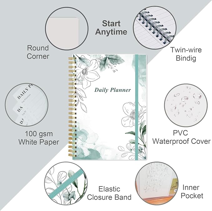 Daily Planner Undated - A5 To Do List Notebook Hourly Schedules, Spiral Appointment Planner for Women and Men, PVC Hardcover, Inner Pocket, Elastic Closure, 5.8" x 8.3", Teal Flowers-CubbioJoy