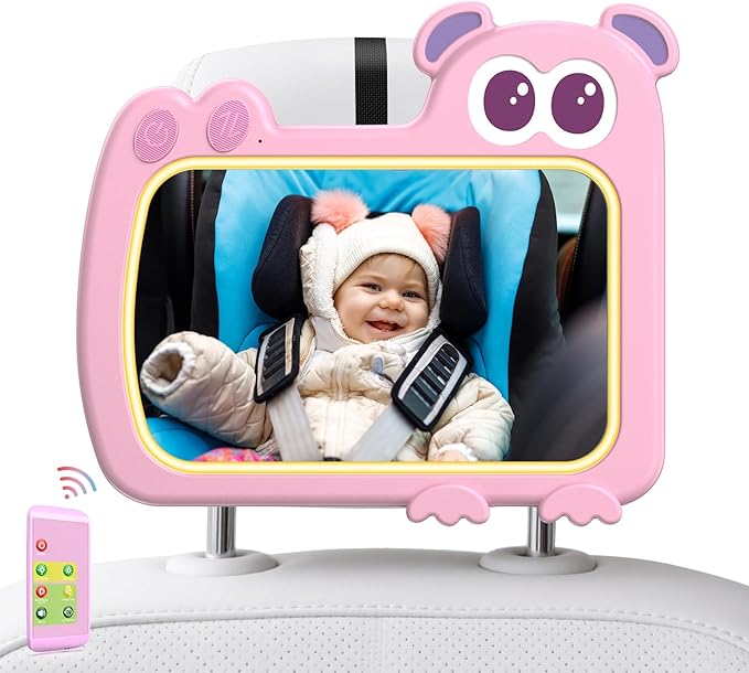 2-in-1 Baby Car Mirror with Lights & Soft Sounds, Cry Detector, Clear Night View, 360° Rotation, Shatterproof, Rear Facing Baby Car Seat Mirror with Remote Control, Perfect Baby Shower Gifts (Pink)-CubbioJoy