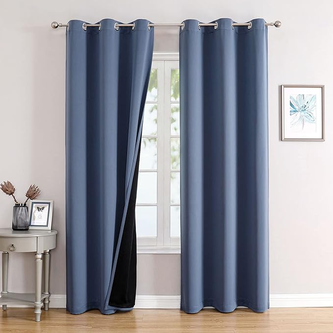ChrisDowa 100% Blackout Curtains 84 inch Long for Bedroom with Black Liner, 2 Thick Layers Total Blackout Thermal Insulated Grommet Window Curtains 2 Panels Set (Stone Blue, 38 x 84 Inch)-CubbioJoy
