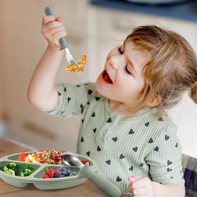 Baby Feeding Set, 2 Pack Silicone Baby Plates with Suction, 2 Pack Spoons and Forks Set for Toddler Utensils, BPA Free, Baby Led Weaning Supplies for Eating Essentials-CubbioJoy