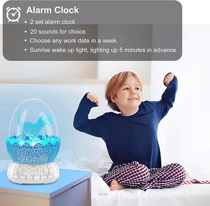 Dinosaur Alarm Clock with Wake Up Light, Digital Clock on Desk + 8 Colors Night Light + 20 Sleep Training Sound + Bluetooth Speaker All in 1 for Kids/Boys/Girls/Adult (Dinosaur)-CubbioJoy