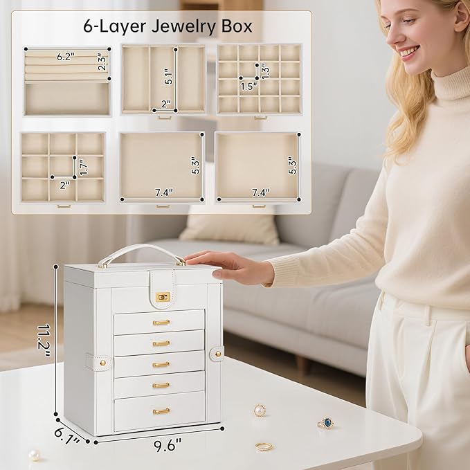 AKOZLIN 6-Tier Jewelry Box Organizer Functional 5 Drawers Leather Jewelry Storage Case for Women Girls Ring Necklace Earring Bracelet Holder Organizer with Mirror White-CubbioJoy