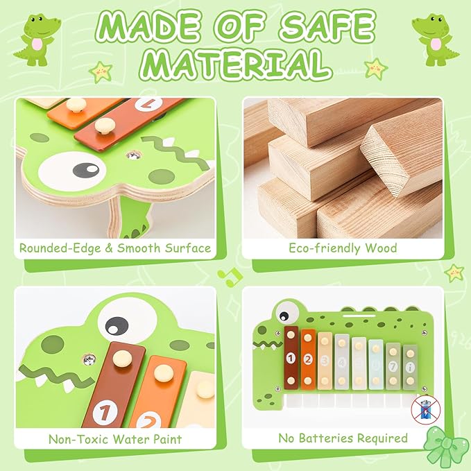 Baby Piano Xylophone Musical Toys - 2 in 1 Wooden Montessori Crocodile Toys for Toddler Kids, 8 Multicolored Key Keyboard Instruments, Preschool Educational Musical Learning Toy for Girls Boys-CubbioJoy