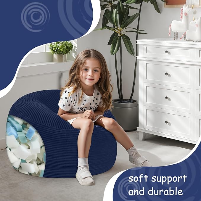 COMAX Kids Bean Bag Chair Turn into Beanbag Bed, Toddler Bean Chair Corduroy for Girl Boy Sleeping, Lazy Children Bean Bags with Filler, Convertible Child Floor Mattress, Dark Blue-CubbioJoy