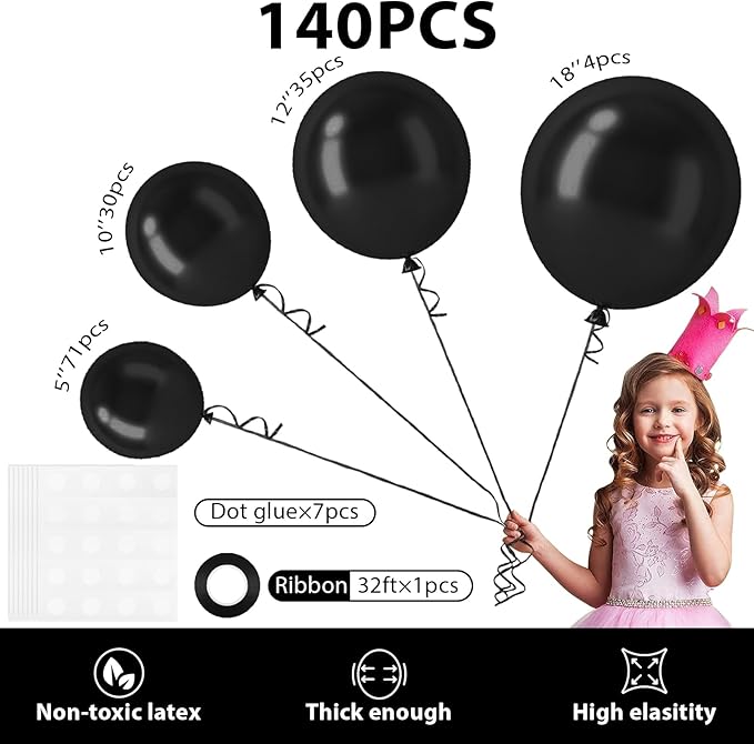 140pcs Balloon Arch Kit, Black Balloons of Different Sizes Pack of 18 12 10 5 Inch Party Balloon Kit for Birthday Party or Balloon Arch as Graduation Wedding Baby Shower Anniversary Party-CubbioJoy