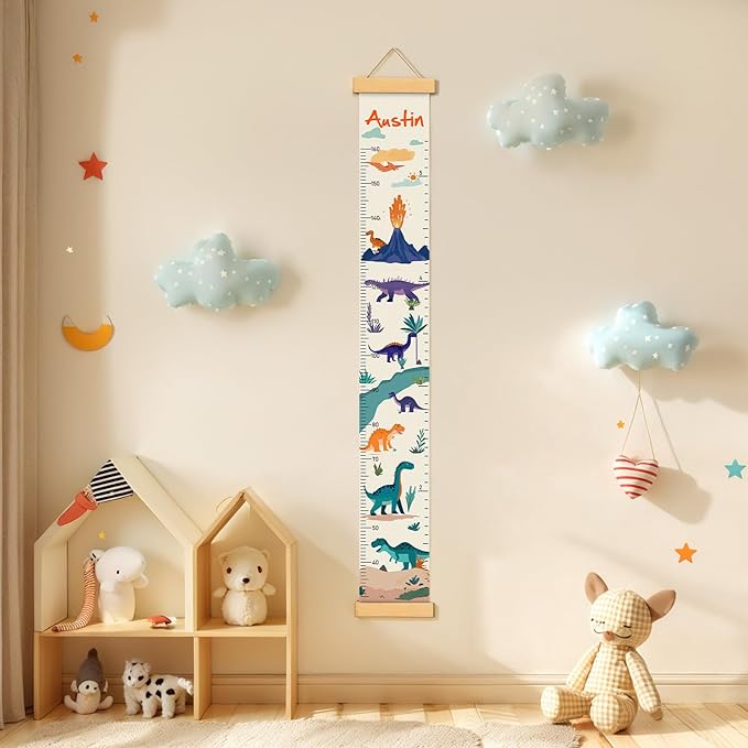 Customize Name Canvas Growth Chart for Kids, Dinosaur Unisex Kids Room Wall Decor, Measuring Height Chart, Wall Tape with Height Chart for Kids, Foldable Height Tracker, Lightweight-CubbioJoy