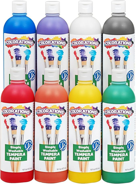 Colorations Paraben-Free Simply Washable Tempera Paint, Rainbow Plus 8 Pack, Matte Finish, Classroom Supplies, Vibrant Colors, Non-Toxic, Washes Off Easily, School, Craft, Art Supply Set, Each 16oz-CubbioJoy