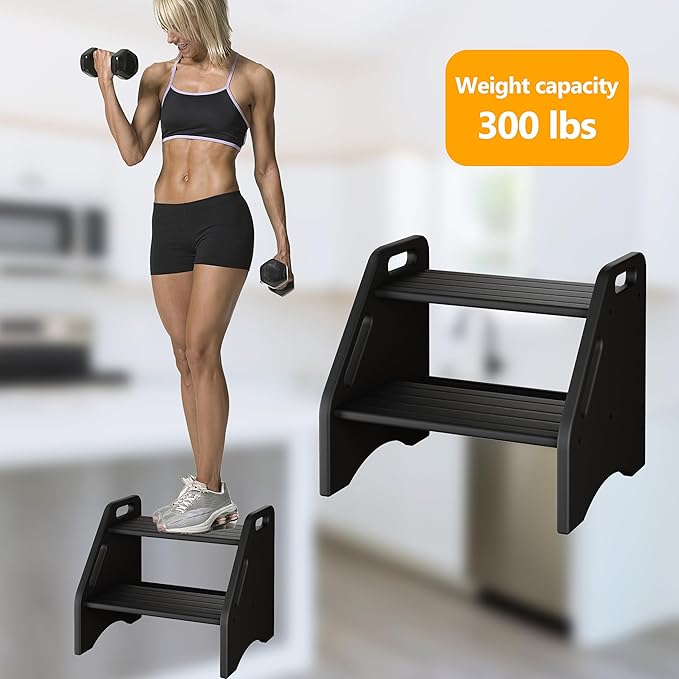 AMBIRD Wooden Step Stool, Two Step Stools 300 lbs Capacity with Safety Non-Slip Pads and Handles, Bamboo Step Stool for Bathroom, Kitchen Dual Height Step Stools for Adults (Black)-CubbioJoy