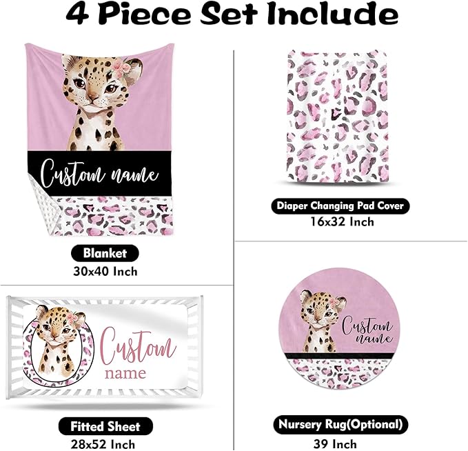 Custom Nursery Crib Bedding Set: Personalized Name 4 Piece Pink Leopard Elephant Design Baby Crib Sets for Girls - Toddler Double Layer Blanket Set, Comfortable Crib Bed Sheets for Baby Toddlers-CubbioJoy