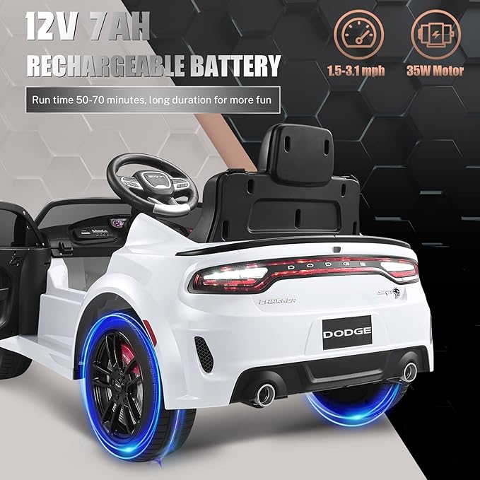 12V 7Ah Kids Electric Ride on Car, Licensed Dodge Charger SRT Hellcat, Battery Powered 4-Wheels Toy Car Electric Vehicle for Kids with Remote Control, 3 Speeds, LED Lights, Music (White)-CubbioJoy