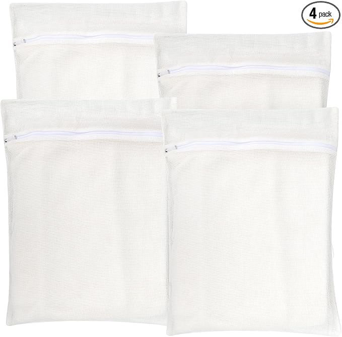 4-Piece White Large Durable Organic Cotton Mesh Laundry Bags with Sturdy Zippers and Breathable Mesh are Delicate Laundry Bags for Underwear, Clothes, Pants and Socks-CubbioJoy
