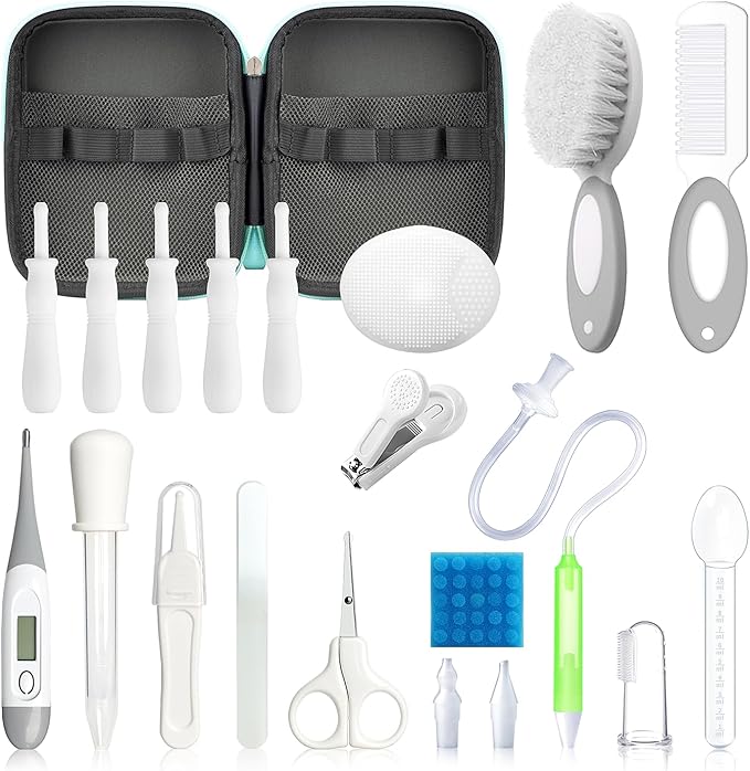 Baby Healthcare and Grooming Kit, 21 in 1 Portable Baby Essentials Kit with Gas Relief Hair Brush Comb Nasal Aspirator for Newborn Boys Girls (Grey White)-CubbioJoy