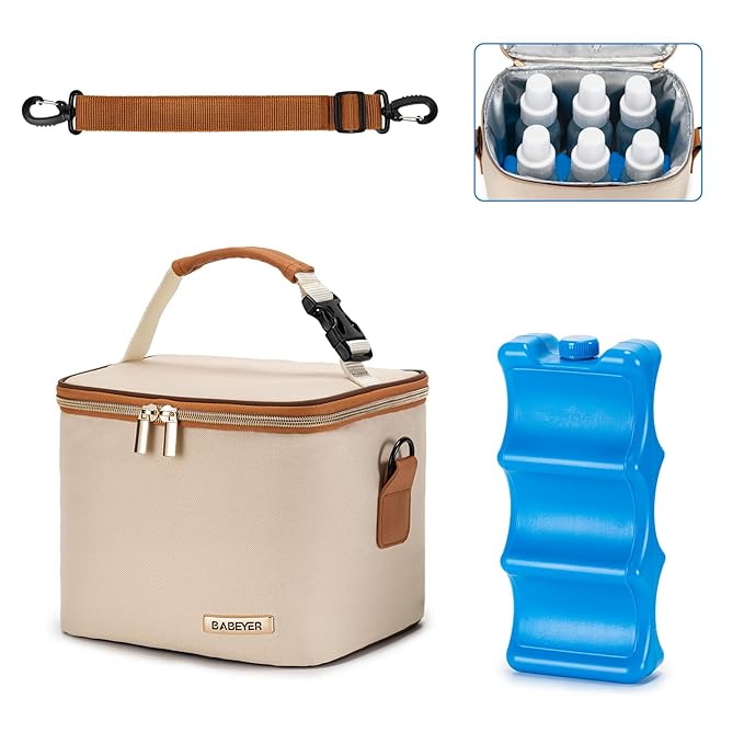 Breastmilk Cooler Bag with Ice Pack Fits 6 Baby Bottles Up to 5 Ounce, Baby Bottle Bag with Shoulder Strap for Nursing Mom Daycare, Cream-CubbioJoy