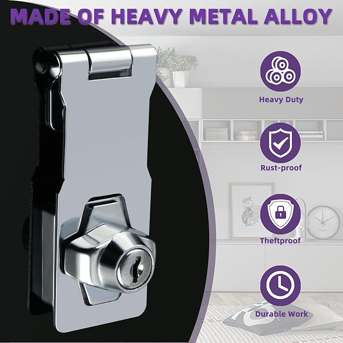 Alise Keyed Hasp Lock,4 Inch Safety Packlock Clasp Hasp Lock Latch with Lock,Door Hinge Lock with Keys Keyed Locking Hasp for Cabinets Closets Doors,Chrome-CubbioJoy