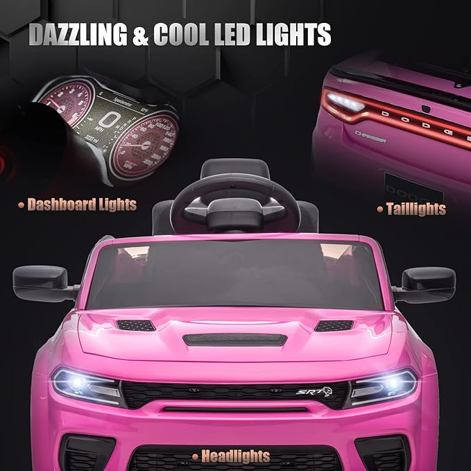 12V 7Ah Kids Electric Ride on Car, Licensed Dodge Charger SRT Hellcat, Battery Powered 4-Wheels Toy Car Electric Vehicle for Kids with Remote Control, 3 Speeds, LED Lights, Music (Pink)-CubbioJoy