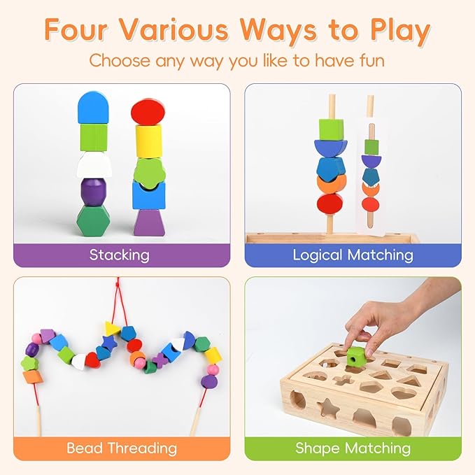 3 in 1 Wooden Color Sorting Stacking Toys, Montessori Toys Geometric Shape Sorter Matching Lacing Beads Sequencing Toy Set Preschool Learning Fine Motor Skills for Toddlers 3 4 5 Years-CubbioJoy