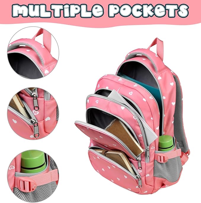 BLUEFAIRY Lightweight Water Resistant Backpack for Girls, Pink, 5-9 Years, Laptop Compartment, Adjustable Shoulder Straps, Breathable Mesh-CubbioJoy