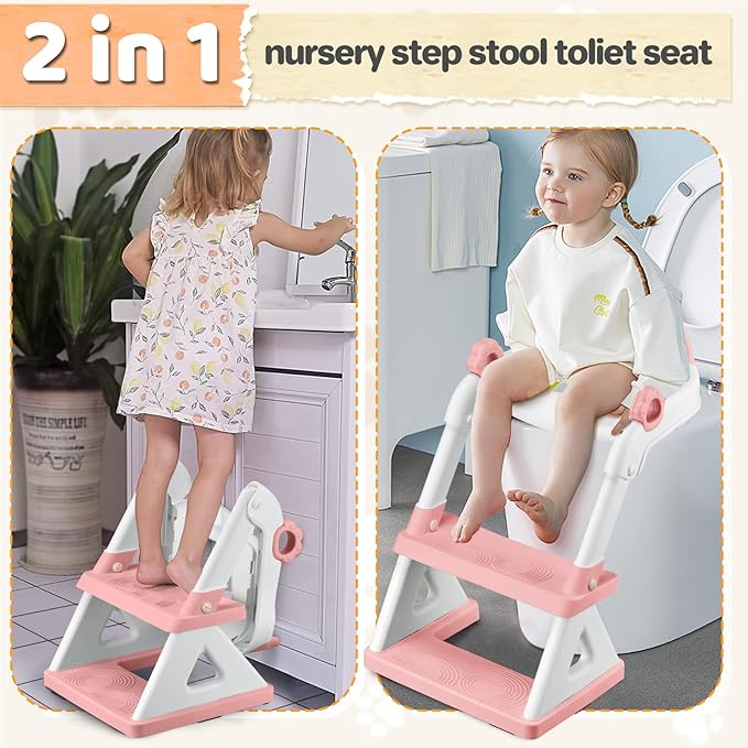2 In 1 Potty Training Toilet Seat & Toddler Step Stool, Bottom Triangle Stability Toddler Toilet Seat, Adjustable Step & Seat Height Potty Seats (Pink)-CubbioJoy