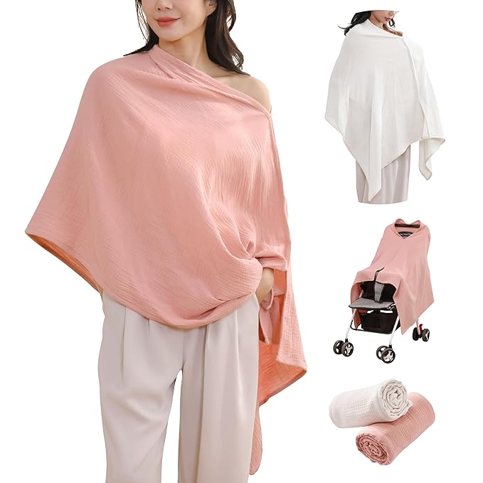 2-Pack Nursing Covers for Breastfeeding, 100% Organic Cotton Muslin Breastfeeding Cover, Multi-Use Nursing Scarf, Car Seat Canopy, Stroller Cover, Soft Breathable Baby Blanket Pink-CubbioJoy