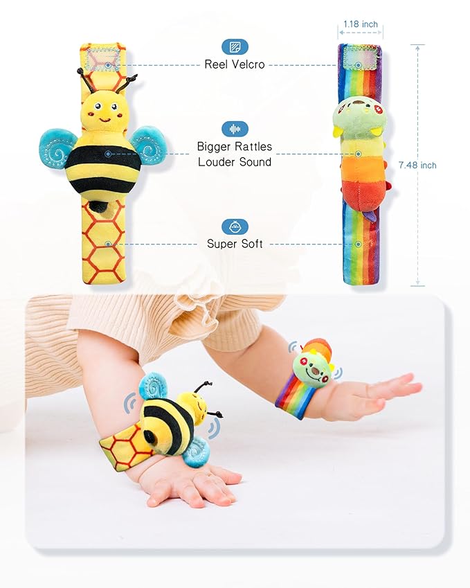 Infinno Baby Wrist Rattle Socks and Foot Finder Set, Perfect Baby Toys for 0-12 Months Newborn Boys and Girls As Shower Gifts, Garden Bug Series-CubbioJoy