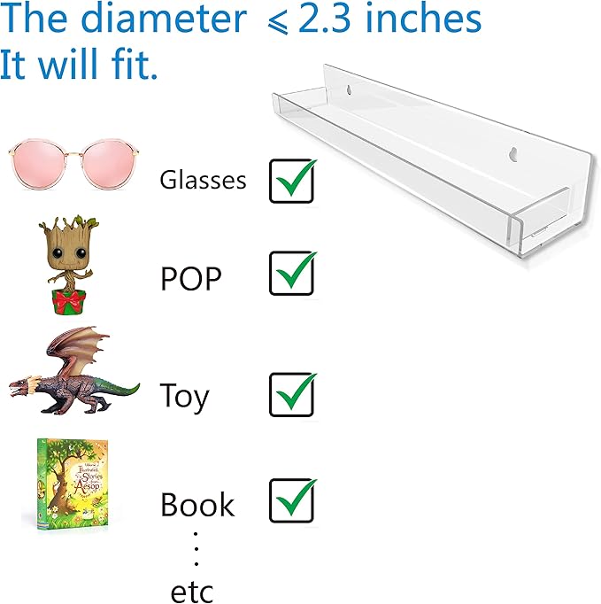 4 Pack 15 Inch Clear Acrylic Shelves, Clear Kids Floating Bookshelf for Kids Room, Modern Nail Polish Rack Sunglasses Essential Oil Picture Ledge Display Toy Storage Wall Shelf-CubbioJoy