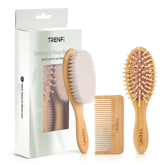 Bamboo Baby Brush and Comb Set (3-Piece) | Ultra-Soft Goat Bristle Newborn Hair Brush for Gently Soothing Cradle Cap | Natural Massage Brush & Toddler Comb | Perfect Baby Registry & Shower Gift-CubbioJoy