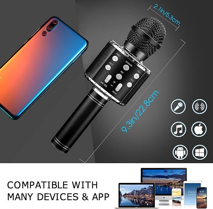 BlueFire 4 in 1 Karaoke Wireless Microphone with LED Lights, Portable Microphone for Kids, Great Gifts Toys for Kids, Girls, Boys and Adults (Black)-CubbioJoy