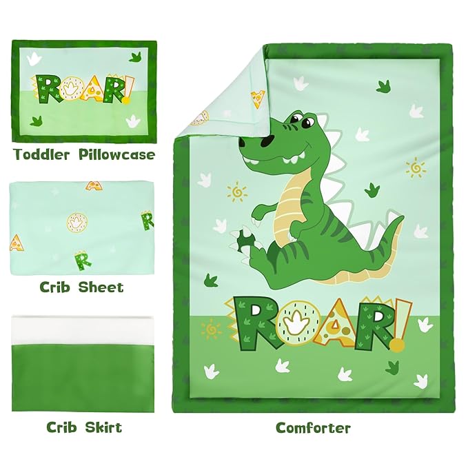Cloele Crib Bedding Set for Boys,4 Piece Dinosaur Baby Bedding Set,Standard Size Toddler Nursery Bedding Includes Comforter,Crib Skirt,Fitted Sheet&Pillowcase,Soft Dinosaur Blanket-Green-CubbioJoy