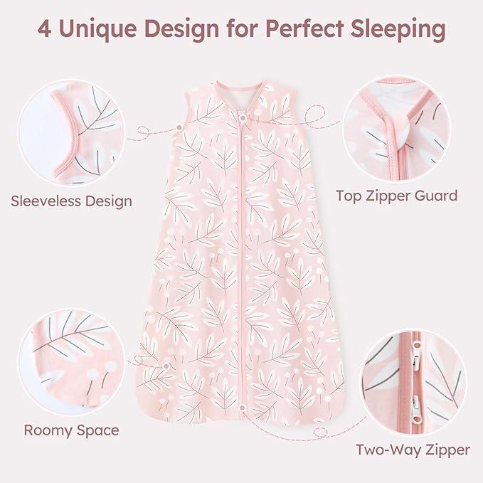 Baby Sleep Sack 18-24 Months 3 Pack 100% Cotton Lightweight 0.5 TOG Wearable Blanket Baby Sleep Bag with 2-Way Zipper for Newborn Infant Pink Flowers & Leaf-CubbioJoy