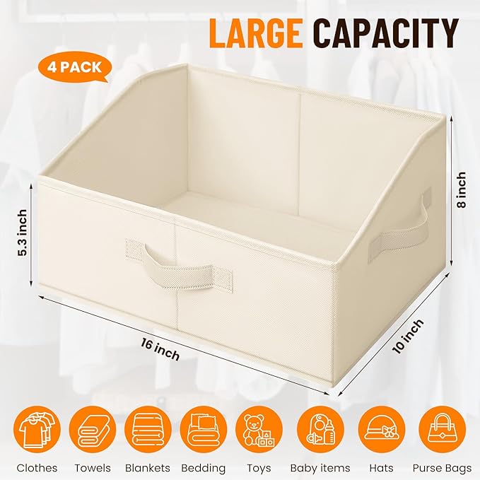 Criusia Closet Organizers Bins 4 Pack - Large Closet Shelf Organizer with Handles - Fabric Trapezoid Home Organization and Storage Baskets for Organizing Clothes Toy Blanket Towel Purse Hats-CubbioJoy