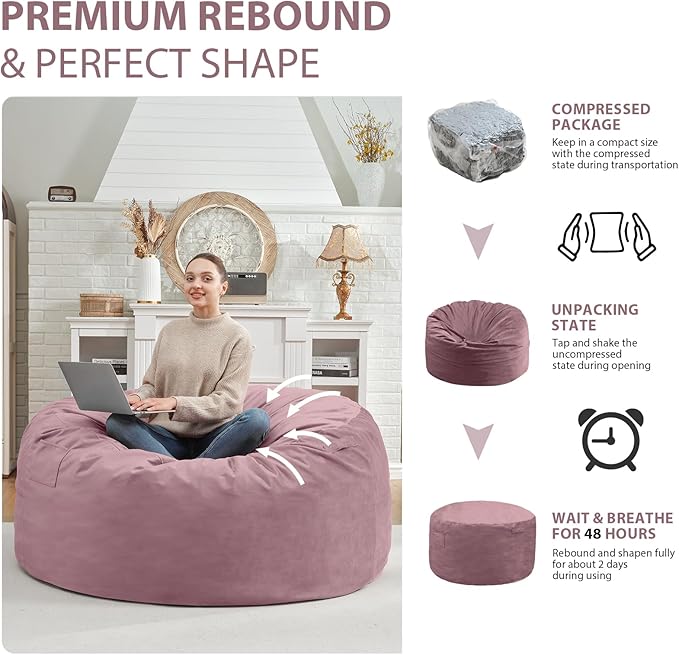 4FT Bean Bag Chair, Large Bean Bag Chairs with Memory Foam Filled, Fluffy Beanbag Sofa with Dutch Velvet Cover, Round BeanBag Chairs for Living Room, Playroom - Dusty Pink-CubbioJoy