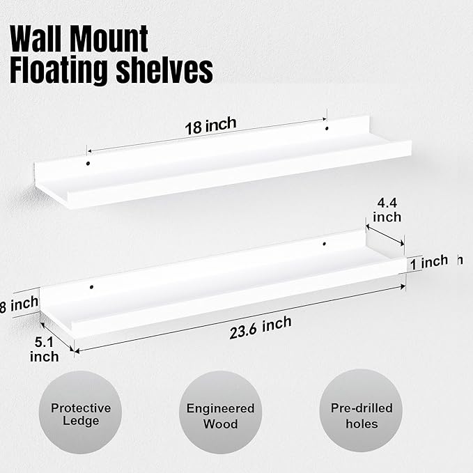 23.6 Inches Long Floating Shelves Wall Mounted, 2 Set Modern White Wall Shelf for Bedroom, Nursery Book Shelf with Lip, Picture Ledge Shelf for Wall Decor Living Room Bathroom Kitchen- White-CubbioJoy