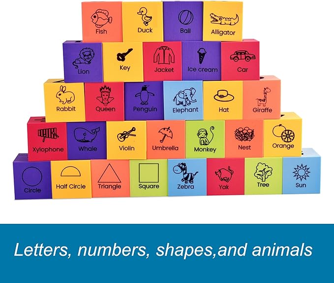 BOHS Foam Learning Blocks - Number,Alphabet,Shapes,Sight Words - Quiet,Safe and Soft Stacking Toys for Toddlers,30pcs,1.96 in(5cm)/Piece-CubbioJoy