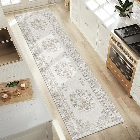 jinchan Hallway Runner Rug 2x10 Vintage Floral Distressed Design - Machine Washable Non-Slip Low-Pile Soft Thin Faux Wool Kitchen Carpet for Farmhouse Bedroom Laundry Room(2x10ft,Light Grey)-CubbioJoy