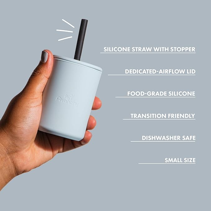 Avanchy Silicone Training Sippy Cup with Straw Lid – Tiny Cup for Babies 6+ Months to Toddlers 1 Year Old – 5 oz Infant Water Cup for Baby Led Weaning, Gray-CubbioJoy