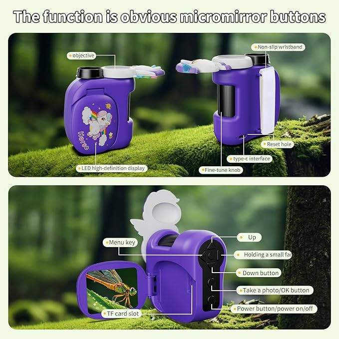 1600X Handheld Microscope for Kids 2" IPS Screen Kit Mini Pocket Digital Microscopes STEM Science with Slides Photo Video Rechargeable Portable Scope Gift for Ages 6-12 (Purple)-CubbioJoy