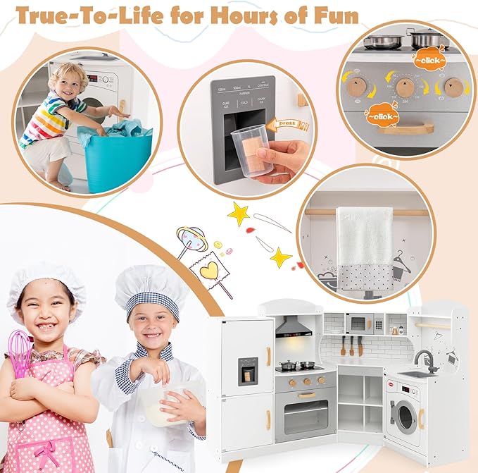 Costzon Corner Kids Kitchen Playset, Wooden Play Kitchen with Sounds & Lights, Washing Machine, Range Hood, Ice Maker, Microwave, Oven, Sink, Pretend Toy Kitchen Set for Toddler, Gift for Boys Girls-CubbioJoy
