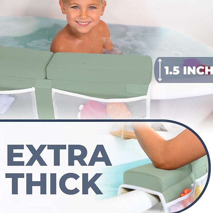 Comfortable Baby Bath Kneeler and Elbow Rest Pad Set – Thick Memory Foam Bath Kneeling Pad with Elbow Support – Baby Bathtub Cushion with Toy Organizer for Bathing Infant or Toddler - Green-CubbioJoy