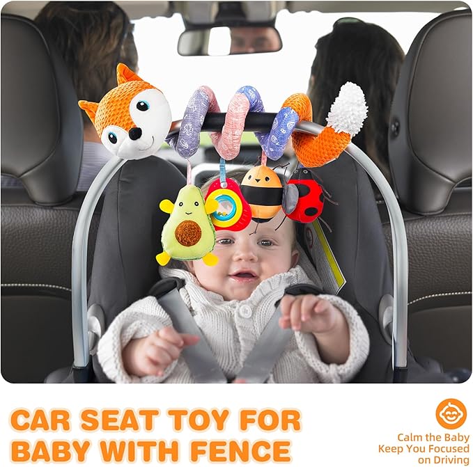 Jollybaby Baby Car Seat Stroller Toys, Plush Activity Hanging Spiral Activity Pram Crib with Music Box, Rattles, Squeaker for Babies Infant Boys Girls(Orange Fox)-CubbioJoy