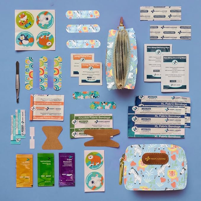 KeepGoing Small Travel First Aid Kit Kids – 60 Pc. Mini First Aid Kit for Purse, Diaper Bag, & Backpack with Latex-Free Bandages – 4 Oz., & 4.5 x 3.5 x 2 in, TSA-Approved-CubbioJoy