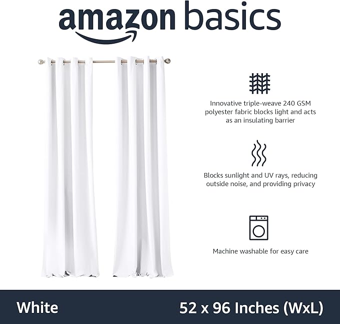 Amazon Basics Room Darkening Light Blocking Blackout Window Curtain with 2 Panels Grommets, for Living Room and Bedroom, 52 x 96 inches, White - Set of 2-CubbioJoy